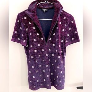 Authentic Chanel Quarter-Zip Glittery Top - Fuchsia and Black - Size 36